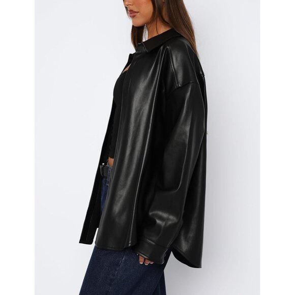 Women Black Button Down Shirt Long Sleeve Loose Light Coats Faux Leather Jacket - Picture 6 of 7